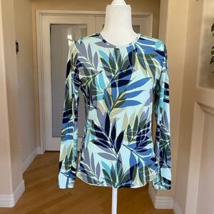 Hang Ten Blue Green Leaf Print Long Sleeve Top
